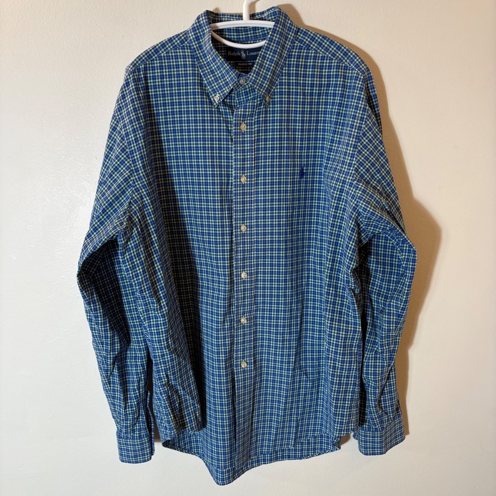 Ralph Lauren Classic Fit Plaid Button Down Shirt Blue Green Cotton Size XL
